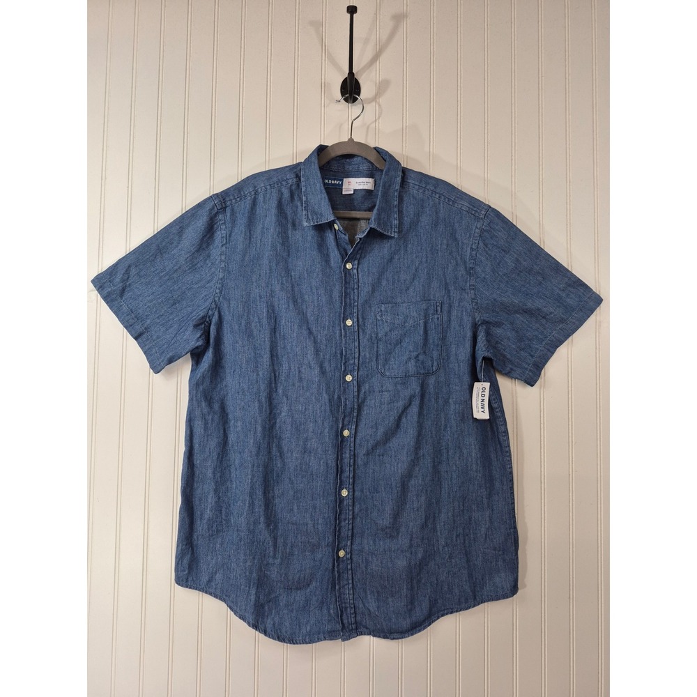 NWT Old Navy Everyday Shirt XL Tall Blue Denim Cotton Short Sleeve Button Down